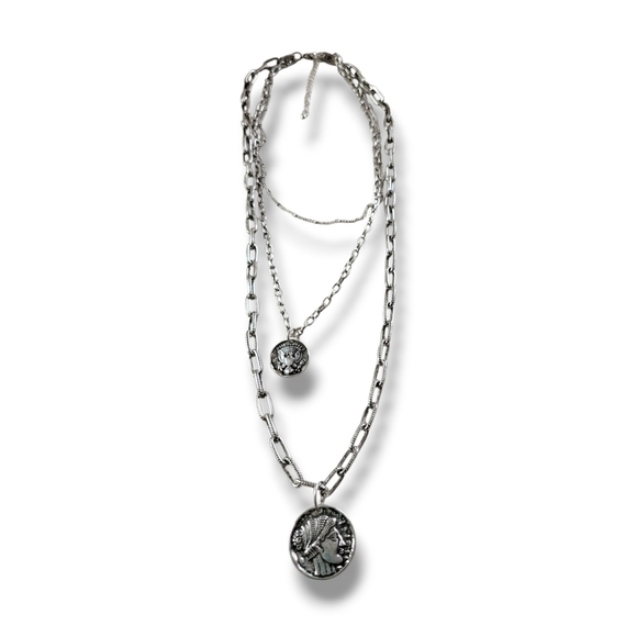 NWOT Antiqued Silver Tone Multi Layered Coin Chain Necklace - Picture 2 of 11